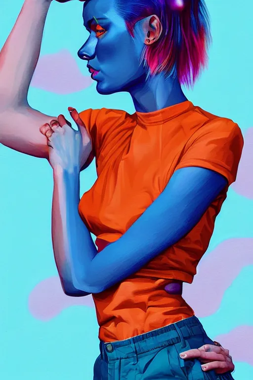 Prompt: a award winning half body portrait of a beautiful caucasian woman in a croptop and cargo pants with ombre orange blue teal hairstyle with head in motion and hair flying by martine johanna, outrun, vaporware, digital art, trending on artstation, highly detailed, fine detail, intricate