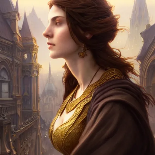 Prompt: brown haired mage medium portrait, female, city landscape, norway, d & d, fantasy, intricate, elegant, highly detailed, digital painting, brown and gold color palette, artstation, octane render, concept art, matte, sharp focus, illustration, herrarthstone, art by artgerm and greg rutkowski and alphonse mucha