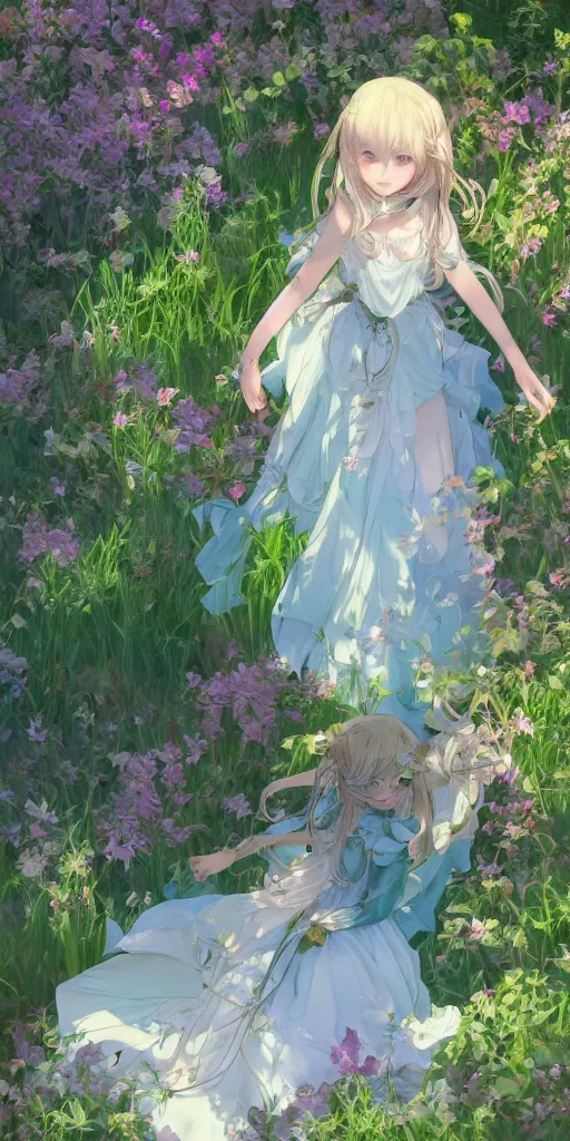 Prompt: a digital art of a loli with long hair in a dress in the privet garden at after noon, green and blue and warm theme, back lighting, highly detailed, 4 k resolution, trending on art station, elegant, by krenz cushart and mucha and akihito yoshida and greg rutkowski and makoto shinkai