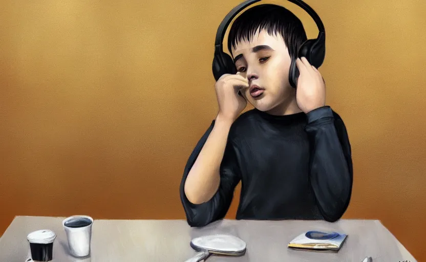 Image similar to a boy with headphones sitting on a table in a cafe with a coffee, digital art, digital painting, masterpiece, concept art, trending on deviantart, highly detailed, high quality, anatomically correct, five fingers, cinematic, high coherence, soft lighting, soft colors, beautiful, elegant, short black hair, 4 k, symmetrical, realistic and detailed face, cartoon