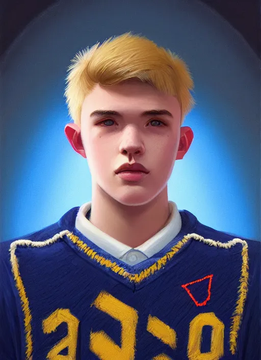 Image similar to portrait of high school senior boy named big moose, blonde short hair, jock, beefy, wide face, square jaw, square facial structure, blue varsity jacket with letter r, intricate, elegant, glowing lights, highly detailed, digital painting, artstation, concept art, sharp focus, illustration, art by wlop, mars ravelo and greg rutkowski