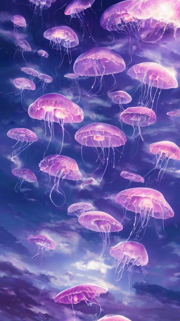 Prompt: A ultradetailed beautiful panting of a beautiful group of purple jellyfish flying peacefully in a heavenly sky, peaceful, relaxing, oil panting, high resolution 4K, by Ilya Kuvshinov, Greg Rutkowski and Makoto Shinkai