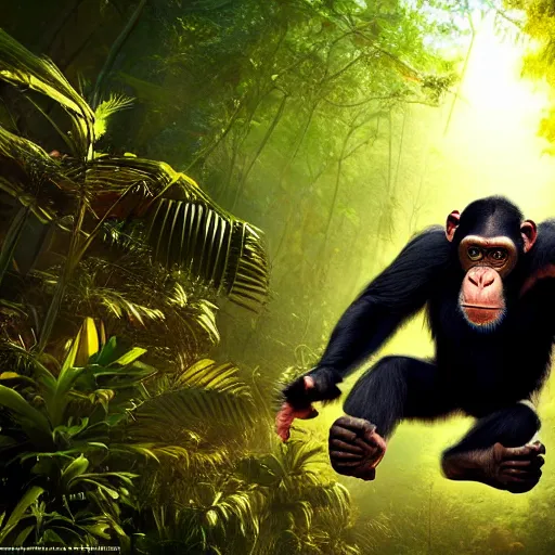 Image similar to Angry Chimpanzee Jumping, Epic Jump, Cinematic Photo, Cinematic Shot, Jungle, Foliage Boris Vallejo, Epic, 8k resolution, ArtStation, Hyperrealistic