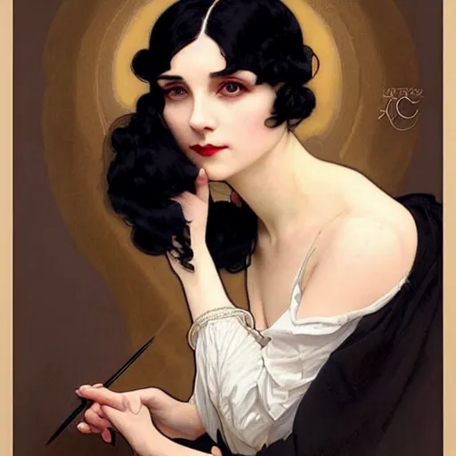 Prompt: a portrait of a woman with black hair, dressed in 1920's fashion, D&D, fantasy, intricate, elegant, highly detailed, digital painting, artstation, concept art, matte, sharp focus, illustration, art by Artgerm and Greg Rutkowski and Alphonse Mucha