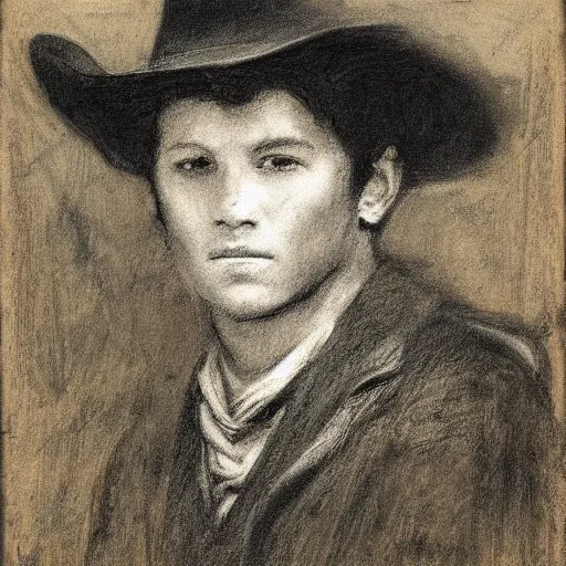 Image similar to portrait of a young action hero cowboy monster hunter, by alfred stevens in charcoal