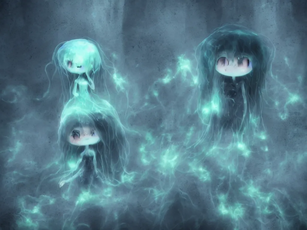 Prompt: cute fumo plush smiling ectoplasmic jellyfish ghost girl lingering in a mysterious concrete organic ruin, chibi gothic maiden in tattered melting rags, glowing wisps of hazy green smoke and eerie blue volumetric fog swirling about, moonlight, glowing lens flare, vray