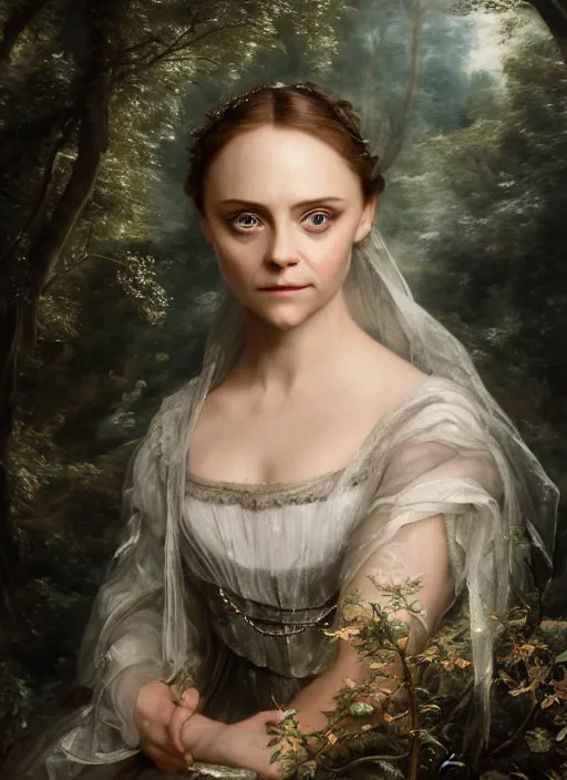 Image similar to Beautiful elsa, Looks like Christina Ricci, In the woods, Dramatic, Edge, Good, Infused, Backlight, De-Noise, VFX, insanely detailed and intricate, hypermaximalist, elegant, ornate, hyper realistic, super detailed, by Anthony Van Dyck, by Ivan Shishkin, by John Constable