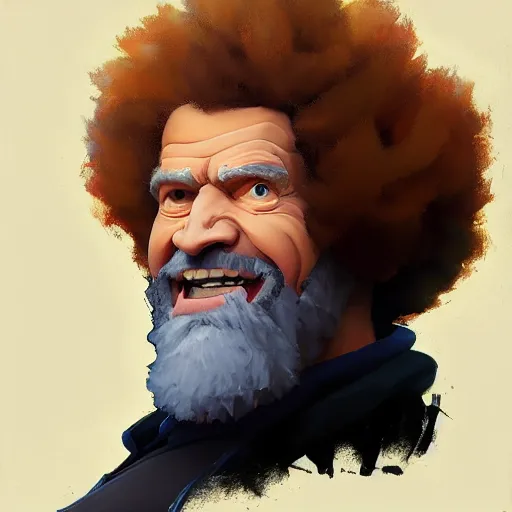 Image similar to Greg Manchess portrait painting of Bob Ross as Overwatch character, insane, medium shot, asymmetrical, profile picture, Organic Painting, sunny day, Matte Painting, bold shapes, hard edges, street art, trending on artstation, by Huang Guangjian and Gil Elvgren and Sachin Teng