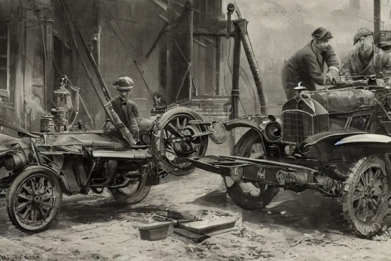 Image similar to repairing a vehicle on a machine world, year 1 9 1 4, photorealistic