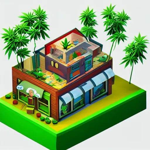 Image similar to isometric cute cartoon of utopian cafe building cross section, a few cannabis leaf pots. by benoit mandelbrot, render pixar, low poly digital art artstation sims video game still australian