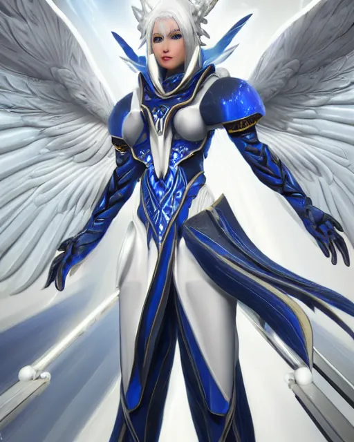 Image similar to perfect white haired attractive egyptian goddess with huge white dove wings, warframe armor, beautiful, symmetric, dreamy, half asian, pretty face, blue eyes, detailed, scifi platform, laboratory, experiment, 4 k, ultra realistic, epic lighting, android body, illuminated, cinematic, masterpiece, art by akihito tsukushi, voidstar