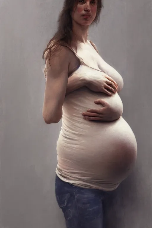 Prompt: pregnant woman in t-shirt by Alyssa Monks, Bouguereau. full-shot, urban dystopia, hyper realism, realistic proportions, dramatic lighting, high detail 4k