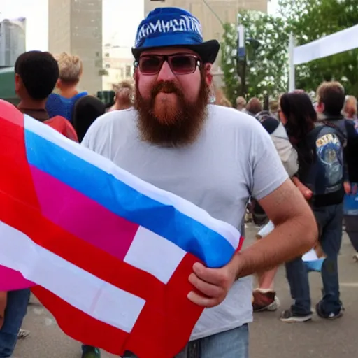 Image similar to Jeffy from super Mario Logan holding up a transgender flag