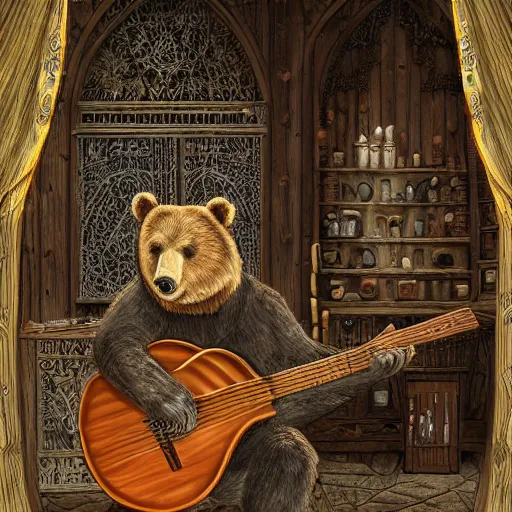 Prompt: A realistic bear playing guitar in a medieval shop viewed from the inside, texture, intricate, details, highly detailed, masterpiece, architecture, building, trending on artstation, focus, sharp focus, concept art, digital painting, fantasy, sunny, day, midday, in the style of skyrim