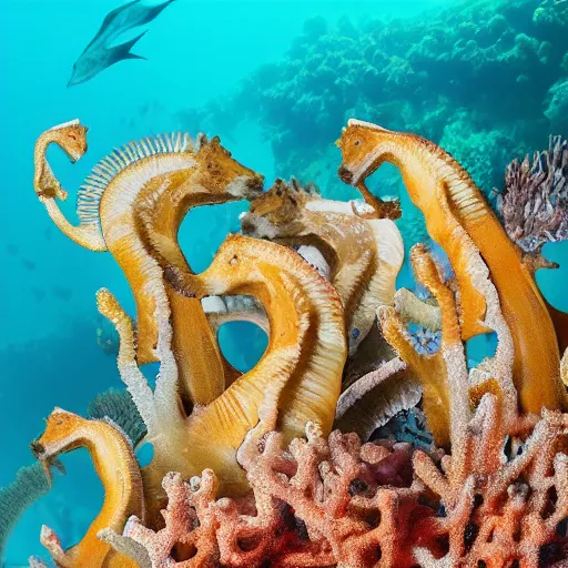 Prompt: a herd of seahorses with horse heads swimming in a bleached coral reef