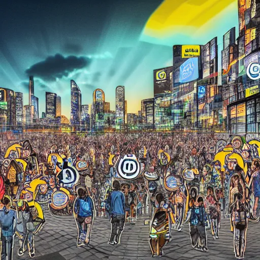 Image similar to landscape of people running away scared from crypto logos standing in the city, cointelegraph design, hyperdetailed, hdr, 8 k