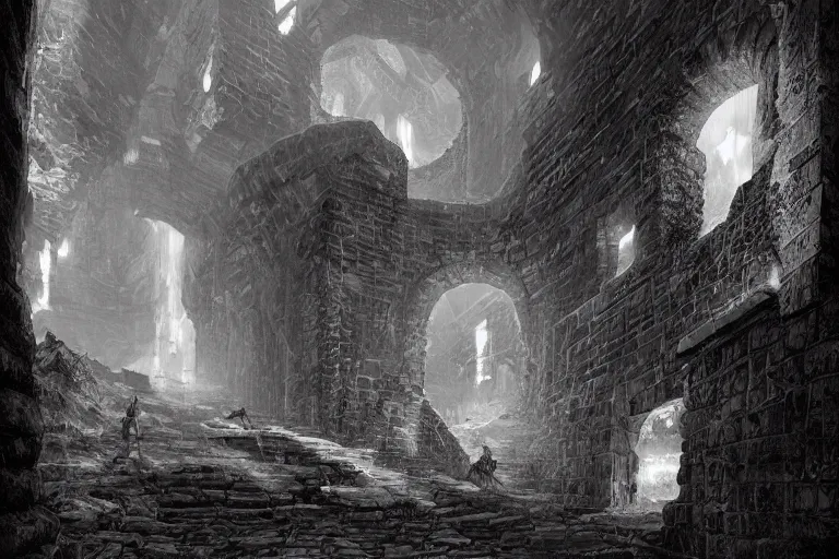 Image similar to black and white one point perspective hellscape dungeon cozy fantasy dungeon hallway view with pit in the middle of the ground by artgerm and Craig Mullins, James Jean, Andrey Ryabovichev, Mark Simonetti and Peter Morbacher 16k