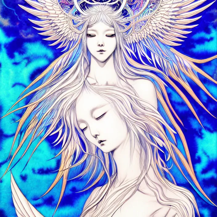 Image similar to stylized art of an psychedelic angelic celestial being by jung gi kim, trending on pixiv, anime style, winged head, white gold skin, ayahuasca, sacred geometry, esoteric art, watercolor