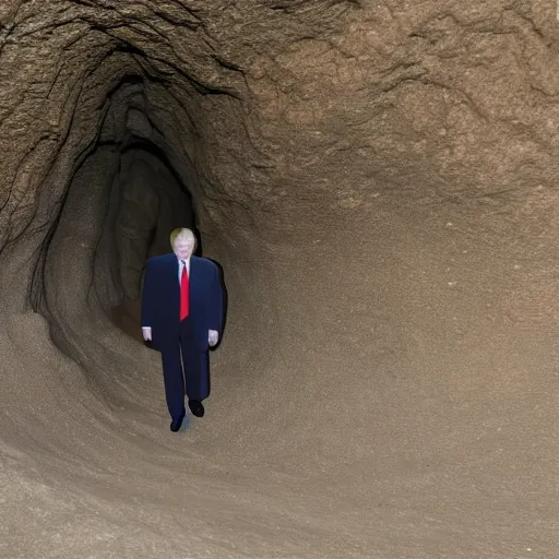 Image similar to blurry cell phone footage of donald trump in a narrow deep cave