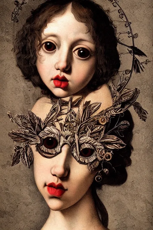 Image similar to Detailed maximalist portrait with large lips and with large eyes, sad expression, HD mixed media, 3D collage, highly detailed and intricate illustration in the style of Caravaggio, dark art, baroque