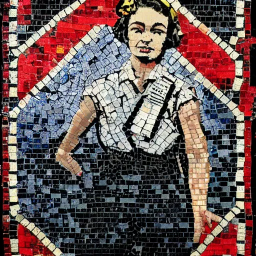 Image similar to rosie the riveter joined the communists, red rose, antifa, on roman mosaic, by Banksy