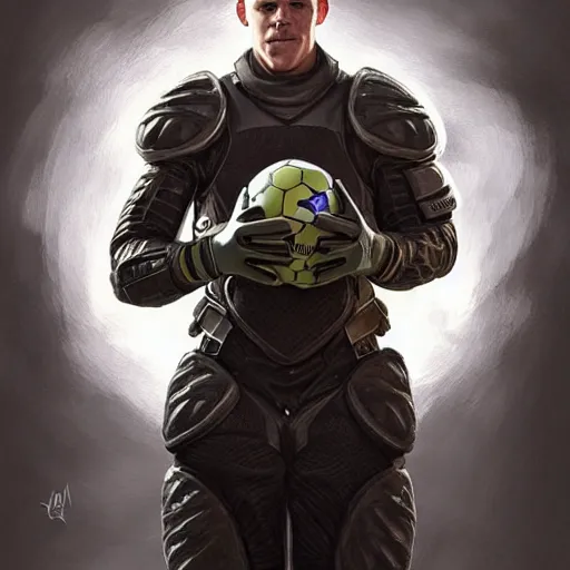 Image similar to Ter Stegen holding a bomb, goalkeeper, football pitch, D&D, fantasy, intricate, elegant, highly detailed, digital painting, artstation, concept art, matte, sharp focus, illustration, art by Artgerm and Greg Rutkowski and Alphonse Mucha