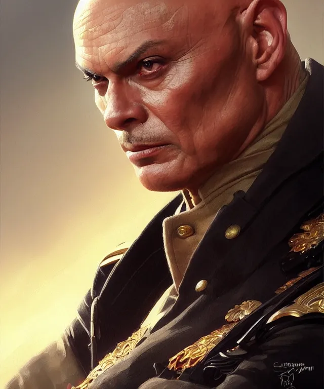 Image similar to Yul Brynner as an angry bald general, portrait, intricate, elegant, highly detailed, digital painting, artstation, concept art, smooth, sharp focus, illustration, art by artgerm and greg rutkowski and alphonse mucha