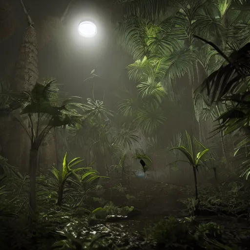 Prompt: « dark jungle, group of persons exploring with lamps, far view, unreal engine 5, photorealistic »