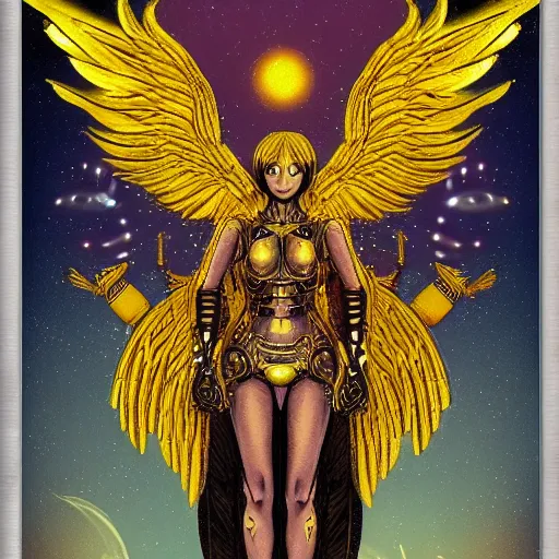 Prompt: Mechanical angel, golden wings, mechanical style, tarot, by dylan kowalski