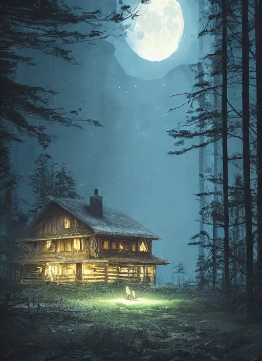 Image similar to an abandoned log house in an ancient bioluminescent forest, waxing moon, greg rutkowski, 8 k, shallow depth of field, intricate detail, concept art,