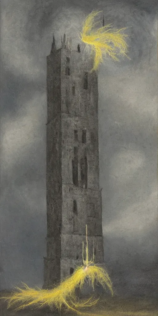 Prompt: a painting of a gray tower being struck by lightning in the style of remedios varo