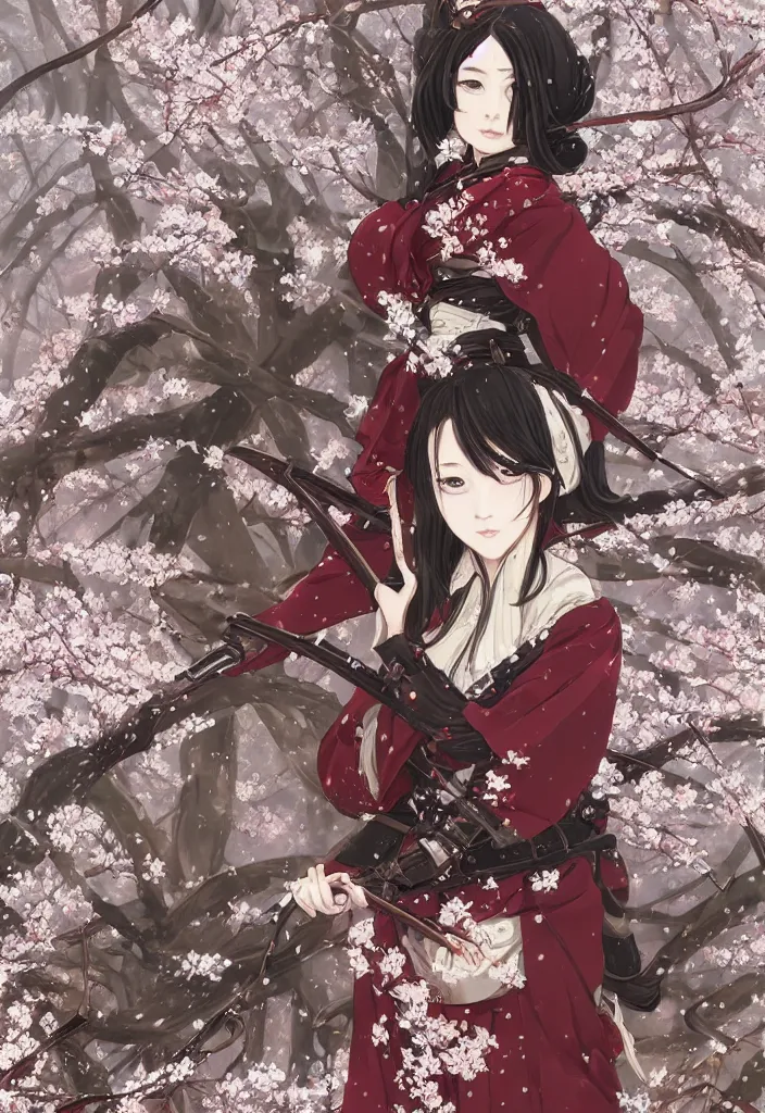 Image similar to portrait of steampunk girl samurai with swords combat pose in snow forest sakura cherry blossom swan hakama kimono trending on artstation takato yamamoto krenz cushart