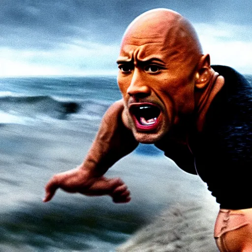 Prompt: A closeup of Dwayne The Rock Johnson storming the beaches of Normandy, Saving Private ryan