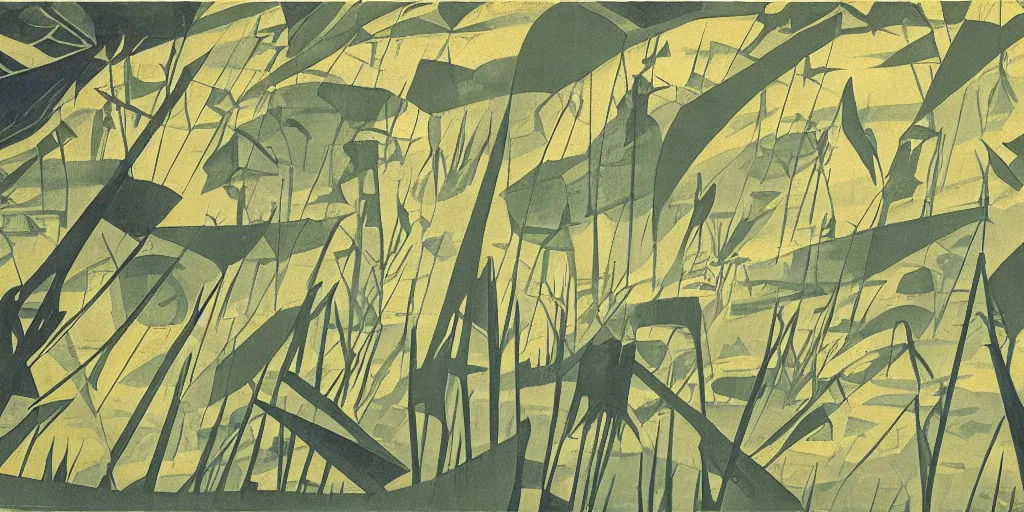 Image similar to The artwork by Aaron Douglas of the cinematic view of a forest of giant diatoms