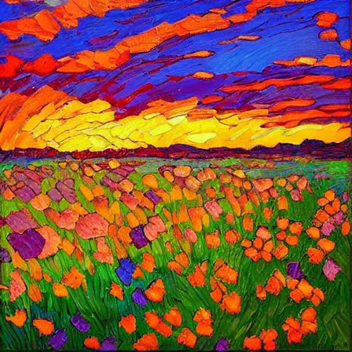 Image similar to a painting of a sunset over a field of flowers, an oil painting by erin hanson, deviantart, american impressionism, rich color palette, impressionism, fauvism