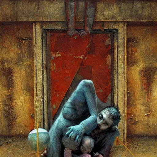 Image similar to a clown holding a baby inside an abandoned hospital, beksinski, dariusz zawadzki, geometric abstract