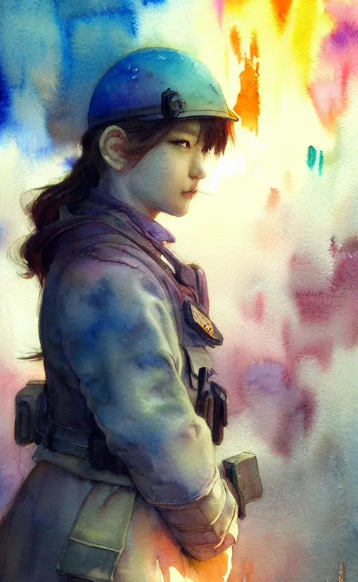 Image similar to female in police uniform. intricate, amazing composition, colorful watercolor, by ruan jia, by maxfield parrish, by marc simonetti, by hikari shimoda, by robert hubert, by zhang kechun, illustration, gloomy, volumetric lighting, fantasy