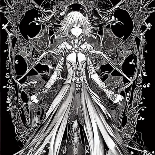 Image similar to a mage from final fantasy 14 drawn by Yoshitaka Amano, intricate, amazing line work, psychedelic