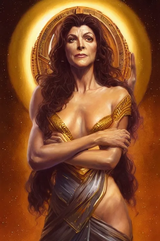 Image similar to Deanna Troi as a Goddess, Highly Detailed anatomy, only two hands, highly detailed, digital painting, artstation, concept art, smooth, sharp focus, illustration, Unreal Engine 5, 8K, art by art by artgerm and greg rutkowski and edgar maxence