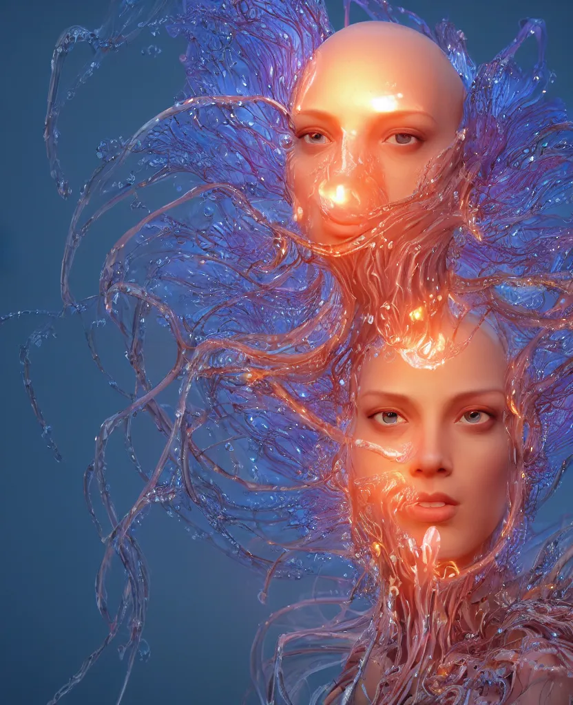 Image similar to close-up macro portrait of the face of a beautiful princess, epic angle and pose, symmetrical artwork, 3d with depth of field, blurred background, cybernetic jellyfish female face skull phoenix bird, translucent, nautilus, energy flows of water and fire. a highly detailed epic cinematic concept art CG render. made in Maya, Blender and Photoshop, octane render, excellent composition, cinematic dystopian brutalist atmosphere, dynamic dramatic cinematic lighting, aesthetic, very inspirational, arthouse. y Greg Rutkowski, Ilya Kuvshinov, WLOP, Stanley Artgerm Lau, Ruan Jia and Fenghua Zhong