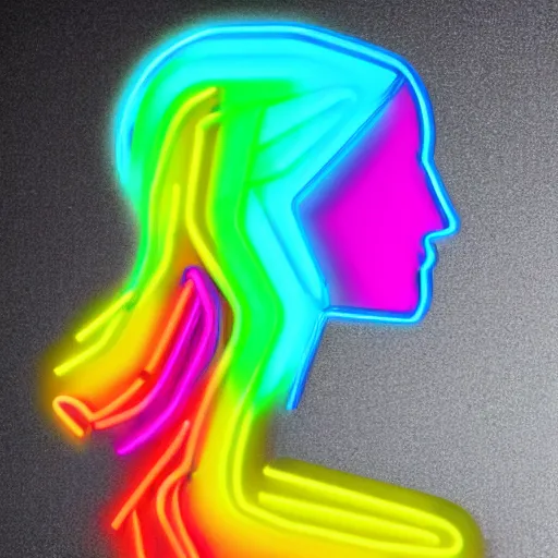 Image similar to a neon head sign of kim petras glowing rainbow neon energy, artstation trending