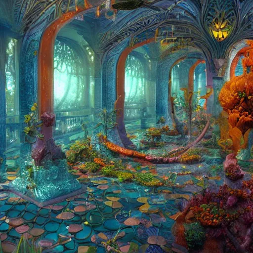 Prompt: dreamlike primordial garden fantasycore, glossy painting, Art Nouveau Cosmic 4k Detailed Matte Illustration featured on Getty Images ,CGSociety, Jade and Carrot orange color scheme, Pastiche by Marc Simonetti, Pastiche by Cedric Peyravernay