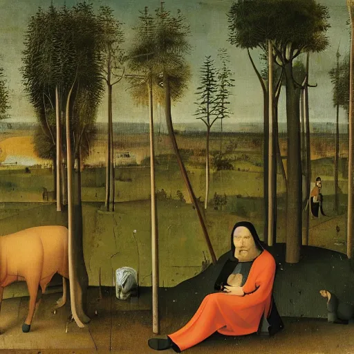 Prompt: standing bear in the foreground, forest in the background, hieronymus bosch