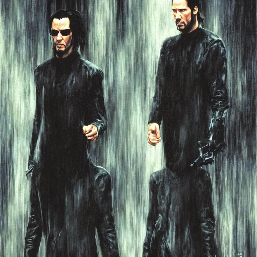 Prompt: A Les Edwards painting of Keanu Reeves in The Matrix movie