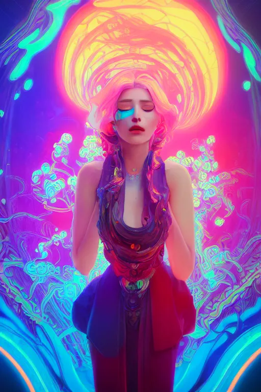 Prompt: a gorgeous woman surrounded by colorful liquid clouds and neon smoke, fantasy, extremely detailed, psychedelic experience, psilocybin, dmt, lsd, face, highly detailed, artstation, alphonse mucha, hana yata, and artem demura and beeple, octane render, unreal engine, 8 k