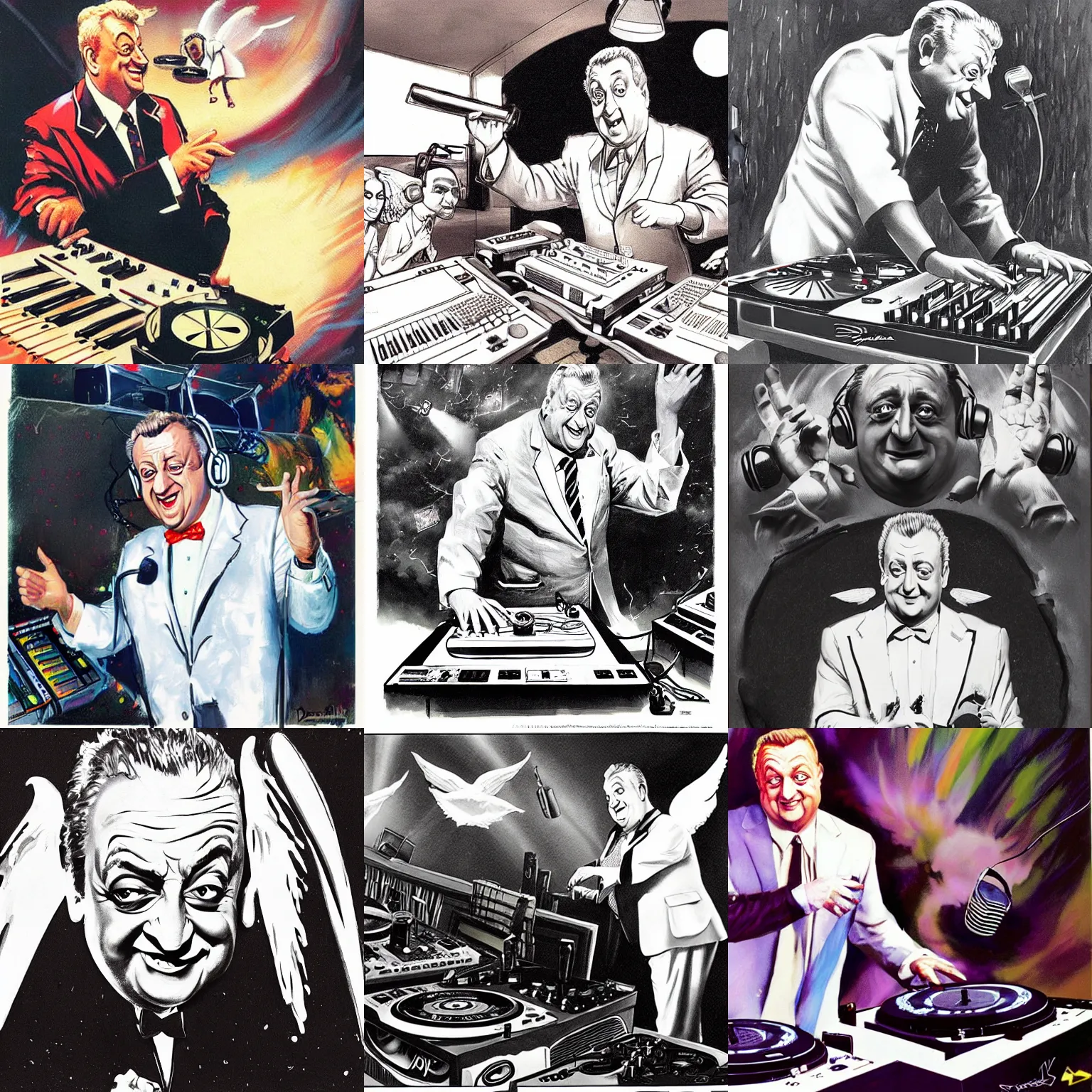 Prompt: a caricature painting of rodney dangerfield as an angel DJing with DJ turntables, mort drucker, craig mullins, greg rutkowski