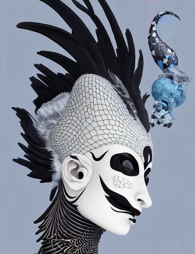 Image similar to 3 d goddess close - up profile simple portrait punk with mohawk with goat skull. beautiful intricately detailed japanese crow kitsune mask and clasical japanese kimono. betta fish, jellyfish phoenix, bio luminescent, plasma, ice, water, wind, creature, artwork by tooth wu and wlop and beeple and greg rutkowski