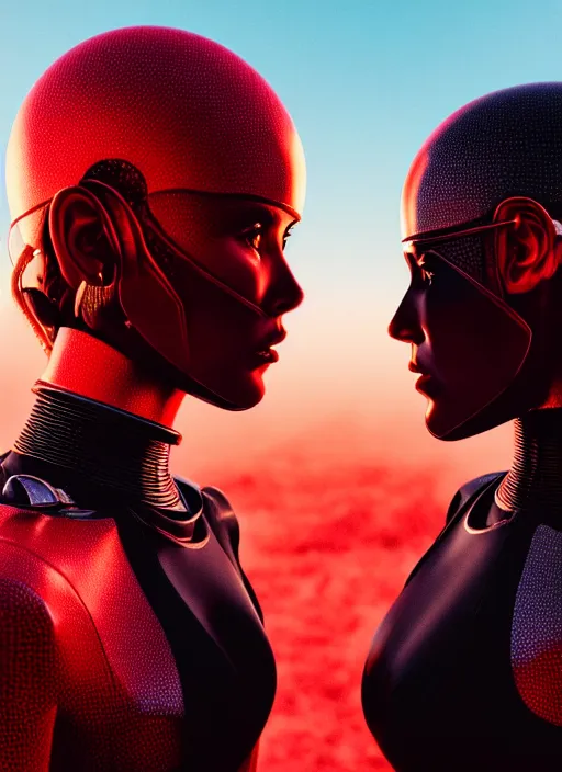 Image similar to cinestill 5 0 d photographic portrait of two loving female androids wearing rugged black techwear on a desolate plain with a red topographic pattern sky, extreme closeup, cyberpunk style, dust storm, 8 k, hd, high resolution, 3 5 mm, f / 3 2, ultra realistic faces, ex machina