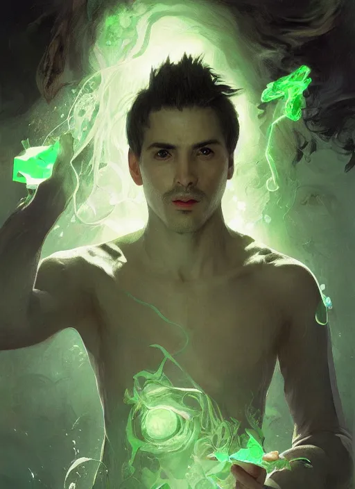 Prompt: character concept portrait of an attractive young clever Spanish wizard with powder-green skin conjuring a nature spell, a floating iridescent spell book in the center, intricate, elegant, digital painting, concept art, smooth, sharp focus, illustration, from Metal Gear, by Ruan Jia and Mandy Jurgens and William-Adolphe Bouguereau, Artgerm