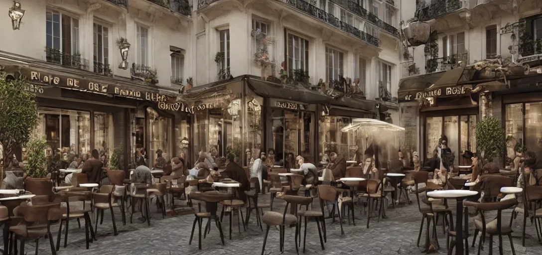 Image similar to a photorealistic render of a parisian cafe at lunch time but all the chairs look like the iron throne, cafe customers, fancy french waiters, ultra detailed face, 8 k, artstation, volumetric lighting, smooth, highly detailed, octane render, by andres rocha and albert bierstadt and greg rutkowski